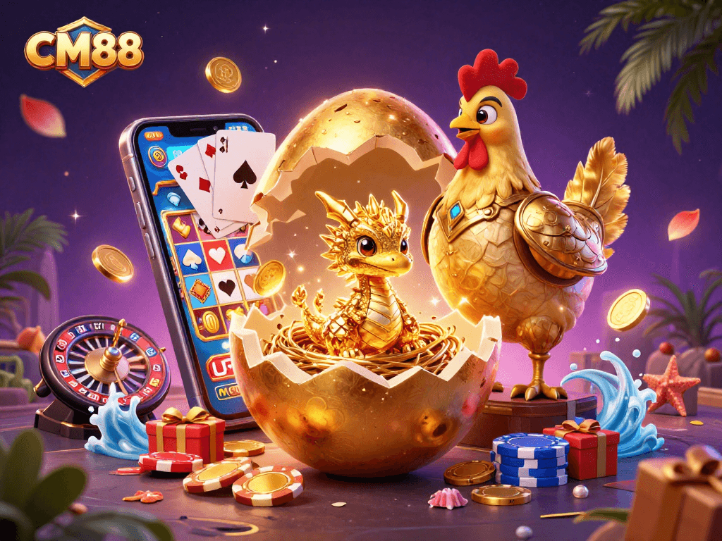 CM88 showcases an exciting scene with a golden dragon and casino game elements, enhancing your gambling experience.