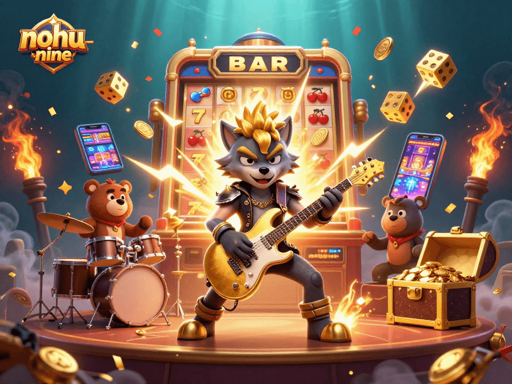 Nohu-nine features an electrifying scene with a rock star wolf and drummer bear amid dazzling casino elements.