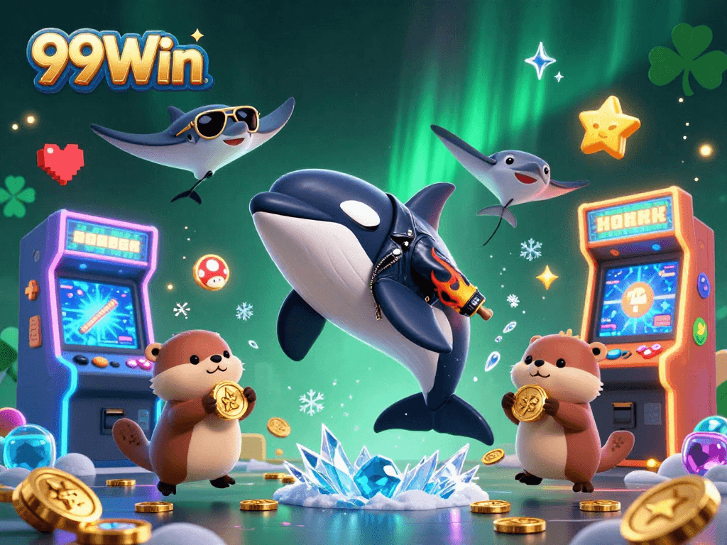 Experience thrilling wins with 99Win, featuring an orca, stingray, and otters in a lively casino setting.