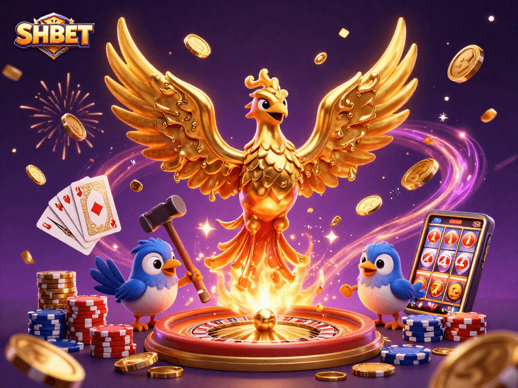 Witness the golden phoenix of SHBET soaring with coins, roulette wheels, and vibrant celebrations.