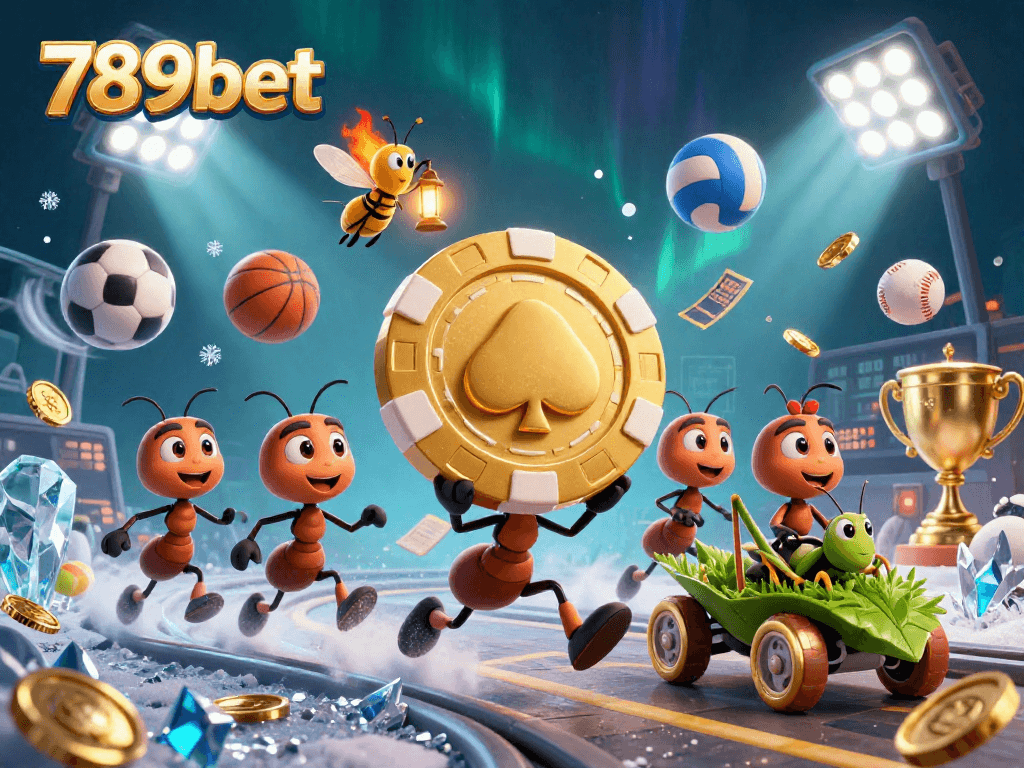 Experience thrilling actions in 789bet with cartoon ants heisting a giant poker chip among dynamic sports elements.
