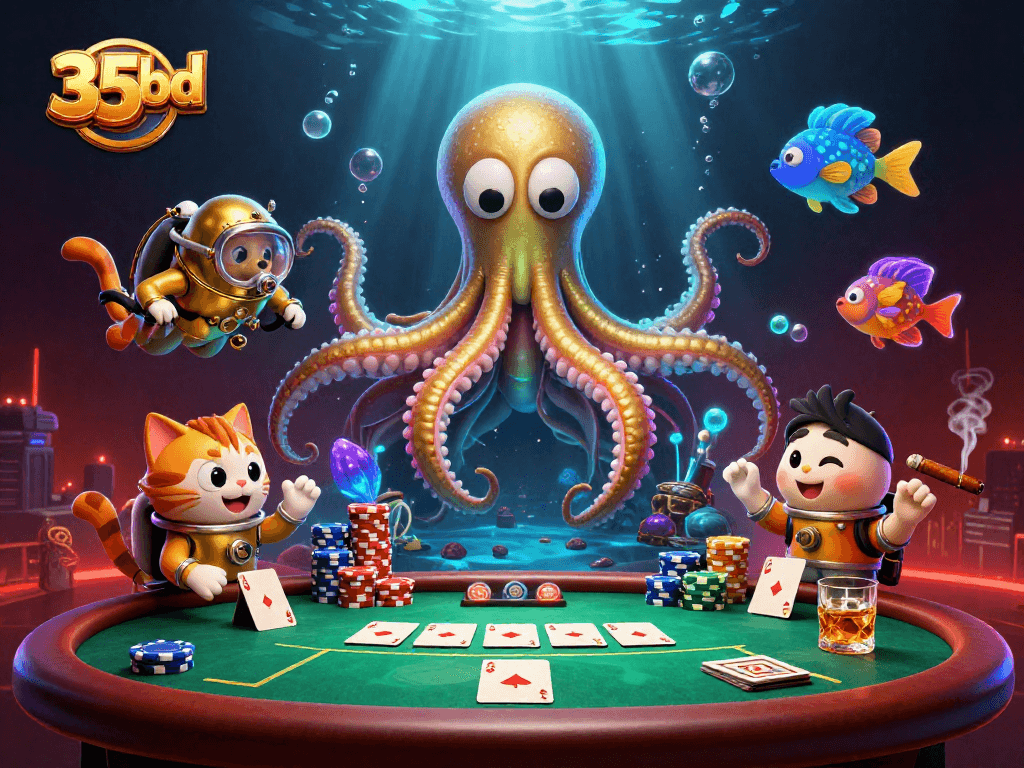 Engage with 35bd at this vibrant casino scene featuring a colossal kraken, poker elements, and rich colors.