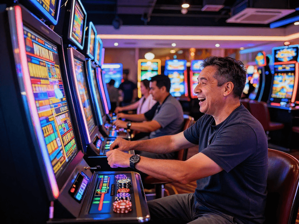 Gamer merasakan kegembiraan saat bermain slot7000 di kasino yang penuh warna.