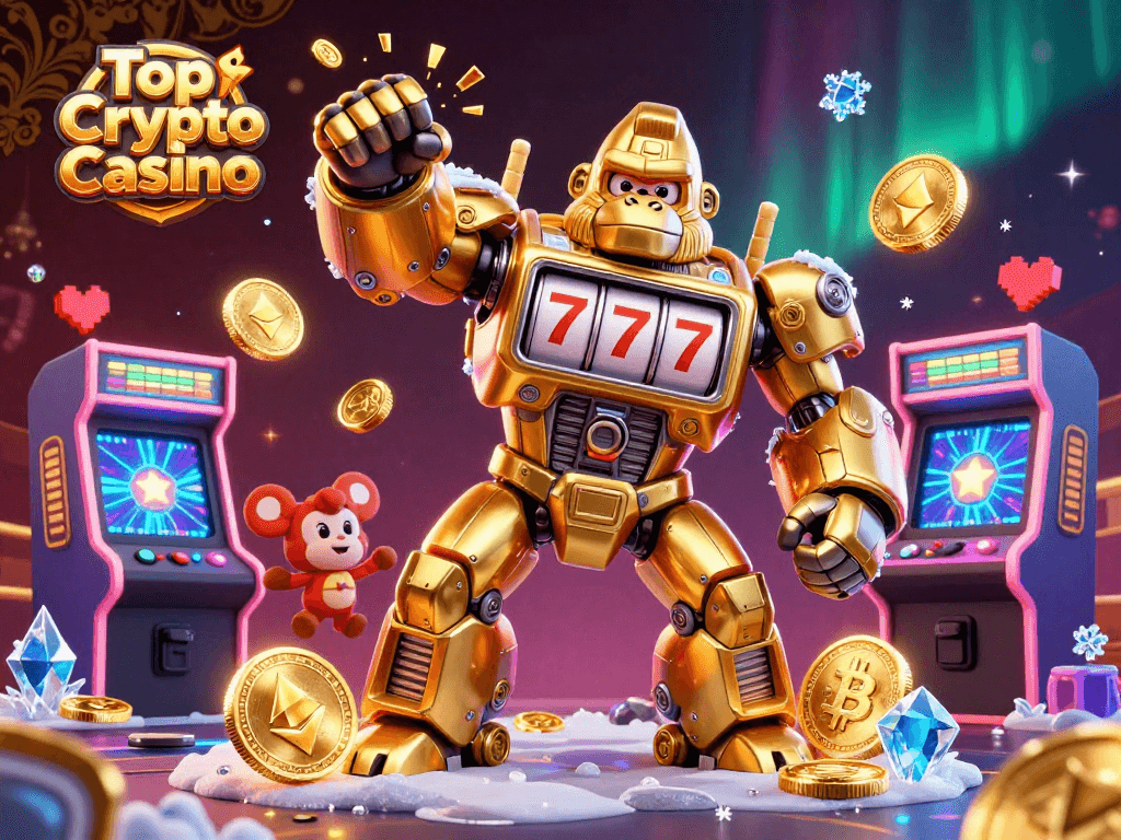 Experience Top Crypto Casino excitement with dynamic golden gorilla mech and blockchain elements.