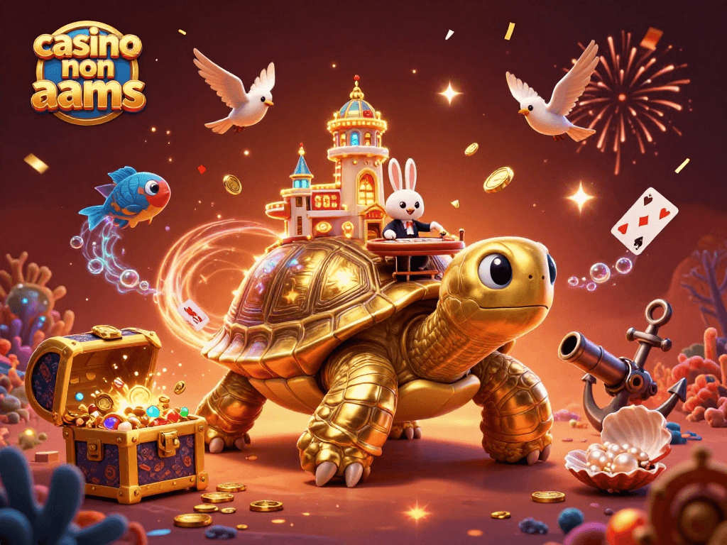 Gioca nei casino non AAMS con il tortuga d'oro e venditore di carte, mentre festeggi con monete volanti.