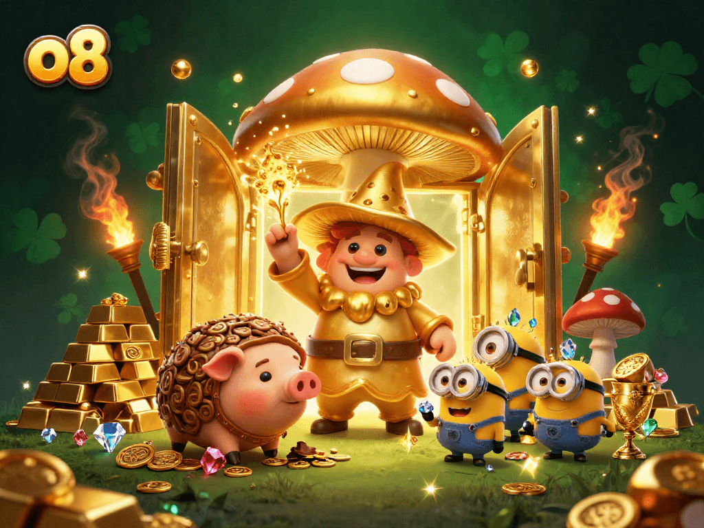 Experience riches at o8 with a golden wizard and treasure-filled scene, perfect for online gambling enthusiasts.