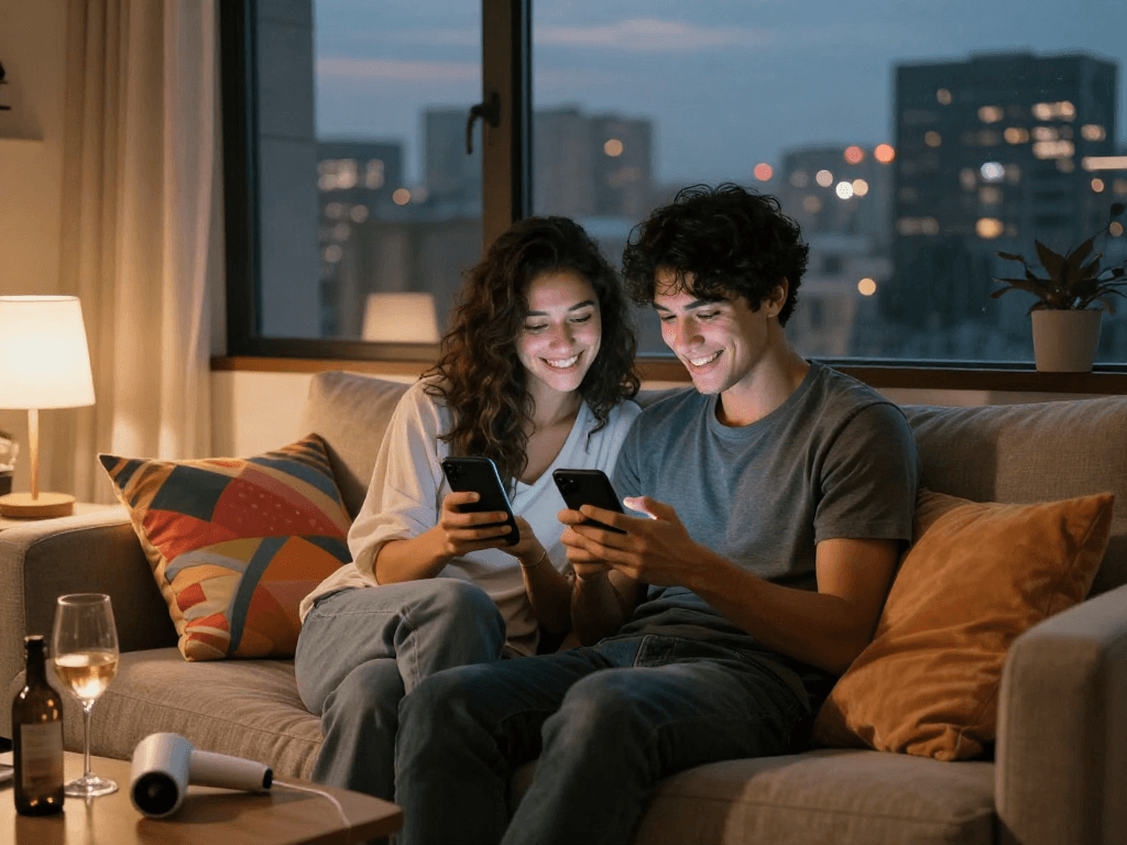 Couple using sexting AI on smartphones in a cozy apartment, showcasing intimate digital communication.