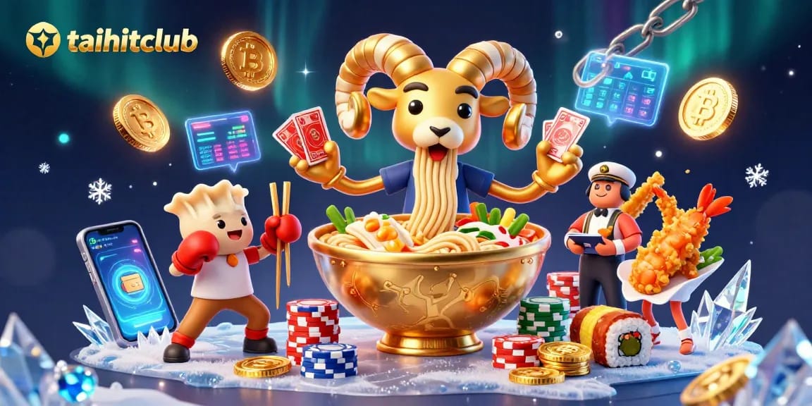 Engage with taihitclub's vibrant casino scene featuring a golden ramen bowl dealer amidst dynamic crypto elements.