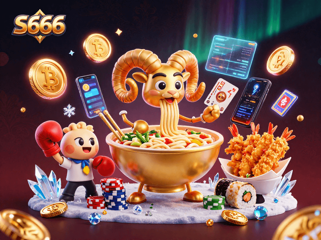 S666 presents a dynamic scene with a giant ramen bowl dealer, sushi roll dealer, and crypto elements, showcasing vibrant casino action.