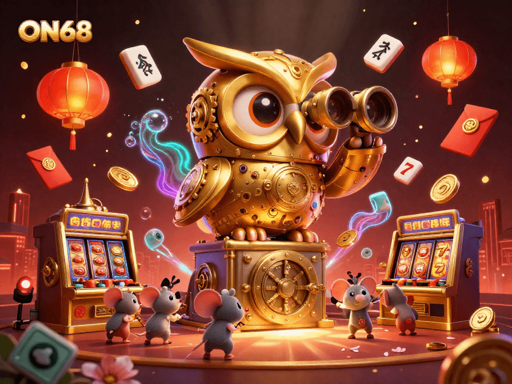 Experience the thrill of ON68 with a clockwork owl overseeing an action-packed casino scene.
