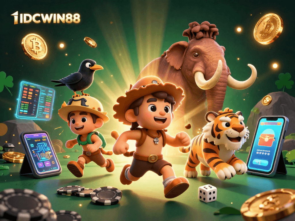 Join the action with IDCWIN88 at a vibrant prehistoric casino featuring unique characters and exciting game elements.