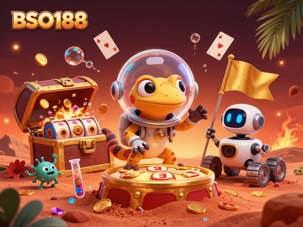 Win big at BSO188 with this energetic scene showcasing a Martian gecko in a golden casino treasure hunt.