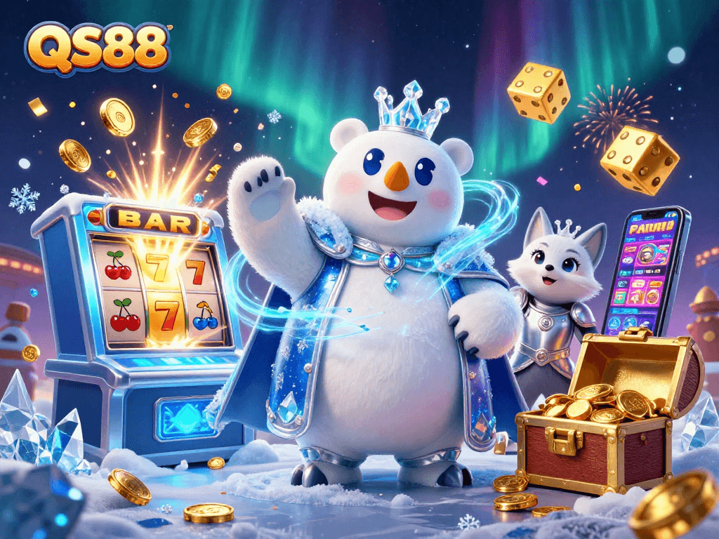 Experience the excitement of QS88 as the jovial ice king and his fox companion celebrate a jackpot win amidst a burst of colors.