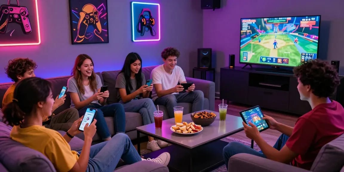 Friends enjoying free mobile porn games in a cozy gaming lounge with snacks.