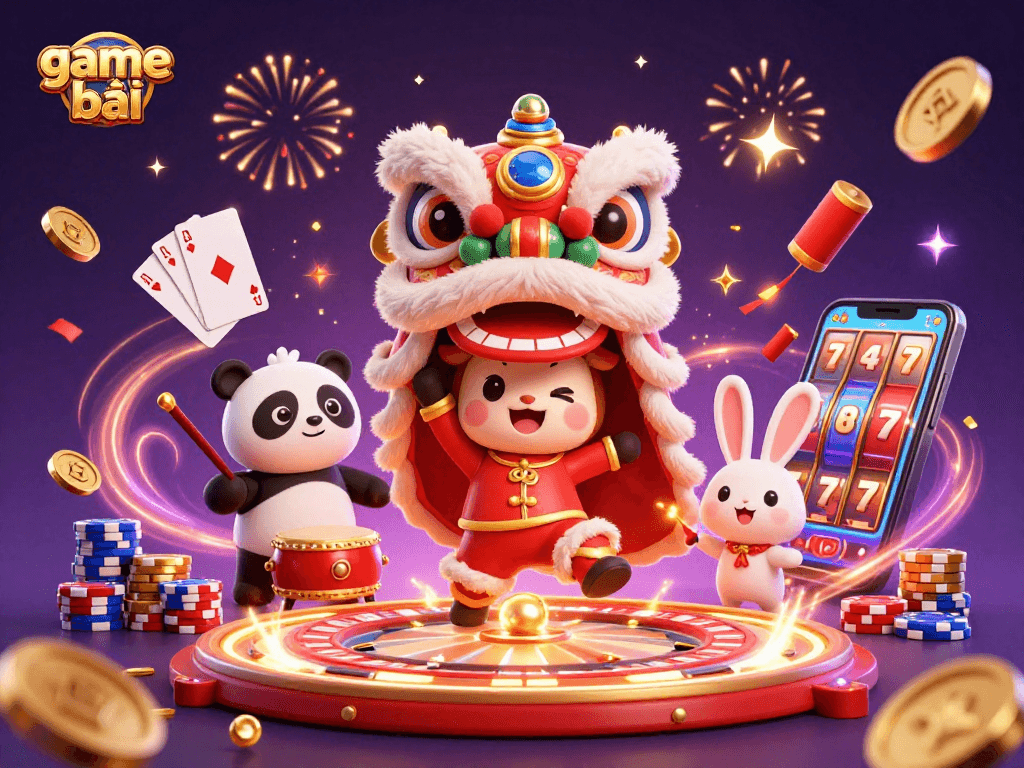 Engage in game bài excitement with a vibrant scene of a lion dance and dynamic casino elements.