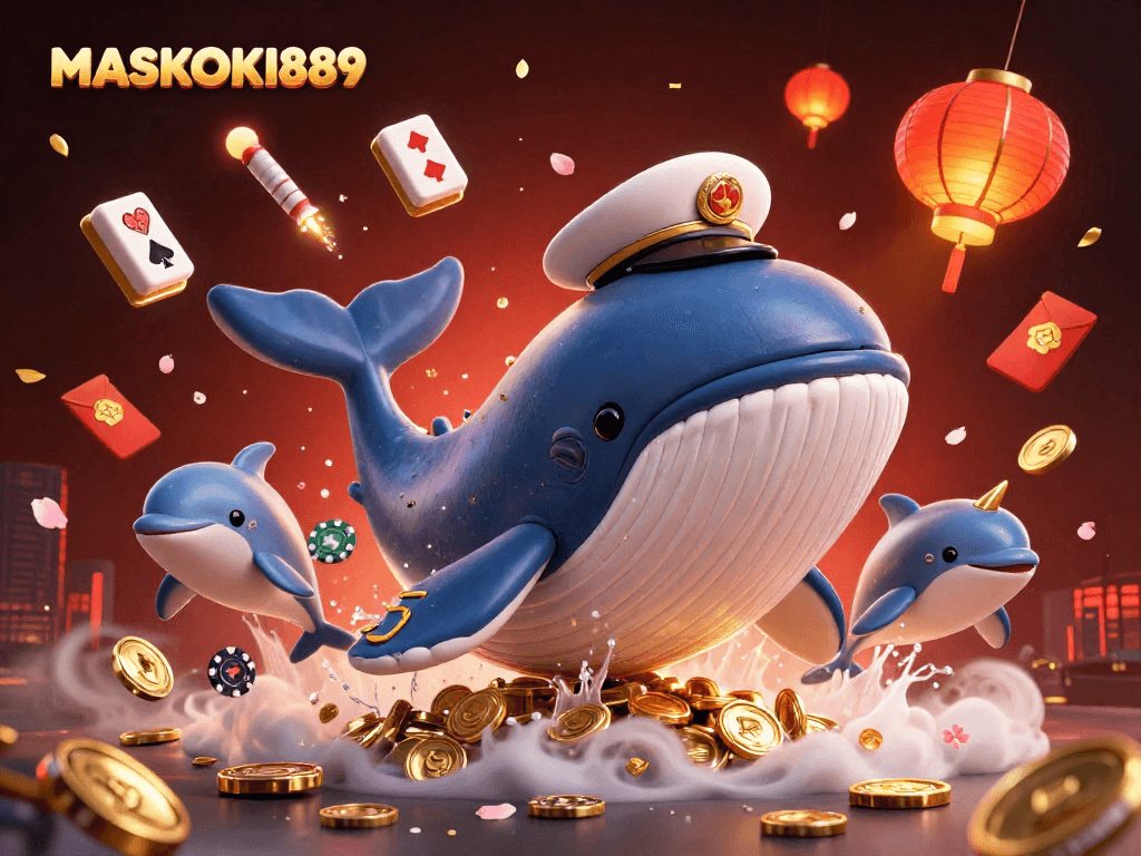 Witness the excitement of MASKOKI889 with a whale and narwhal amidst vibrant casino elements and treasures.