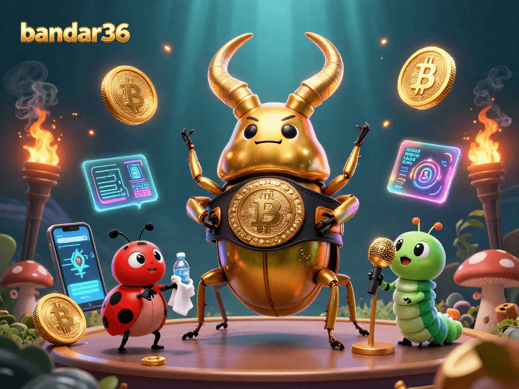 Bandar36 menampilkan pertarungan seru antara kumbang tanduk emas dan ladybug di arena dengan efek cryptocurrency.