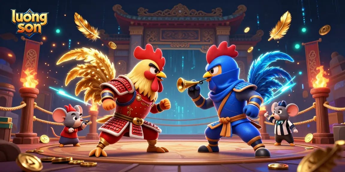 Bet big on luong son with cartoon roosters in an epic standoff, golden details abound.