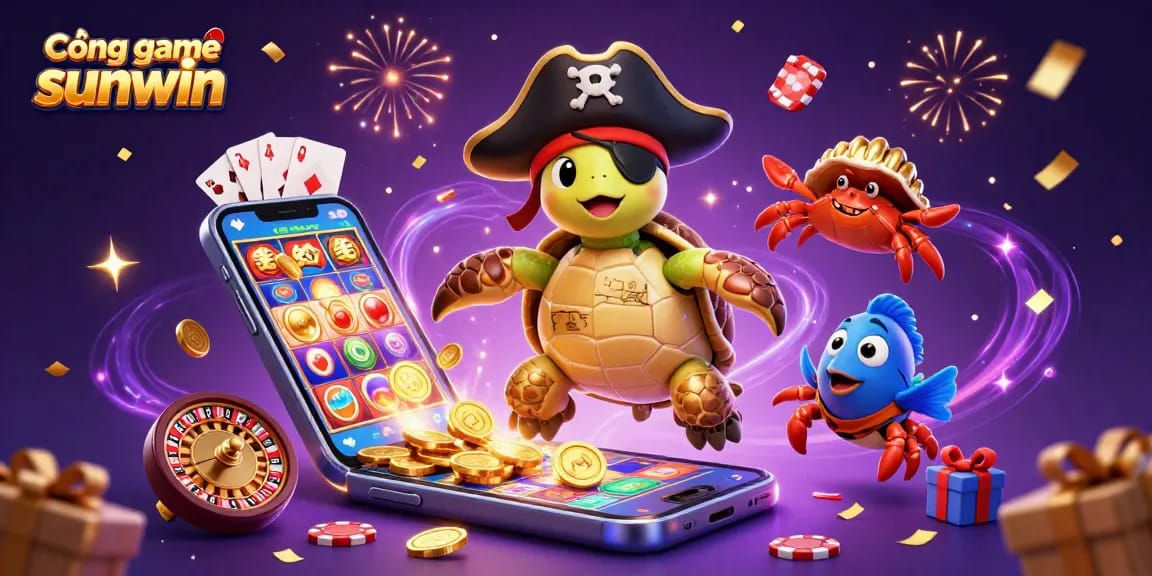 Experience Cổng game sunwin with dynamic 3D characters amid colorful casino elements and treasures.