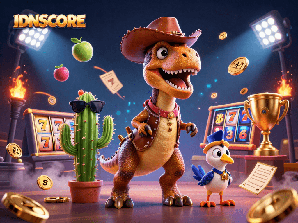 IDNSCORE offers an exciting loyalty program with vibrant slot-themed 3D illustration.