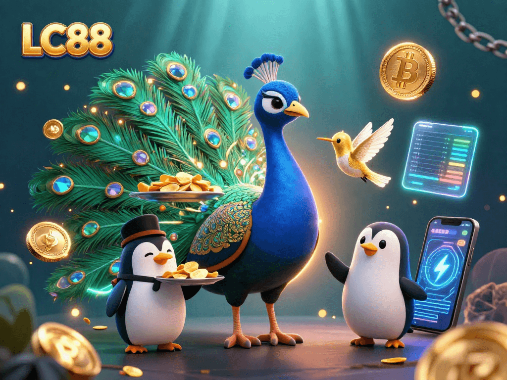 Experience the excitement of LC88 with vibrant casino characters amidst sparkling gaming elements.