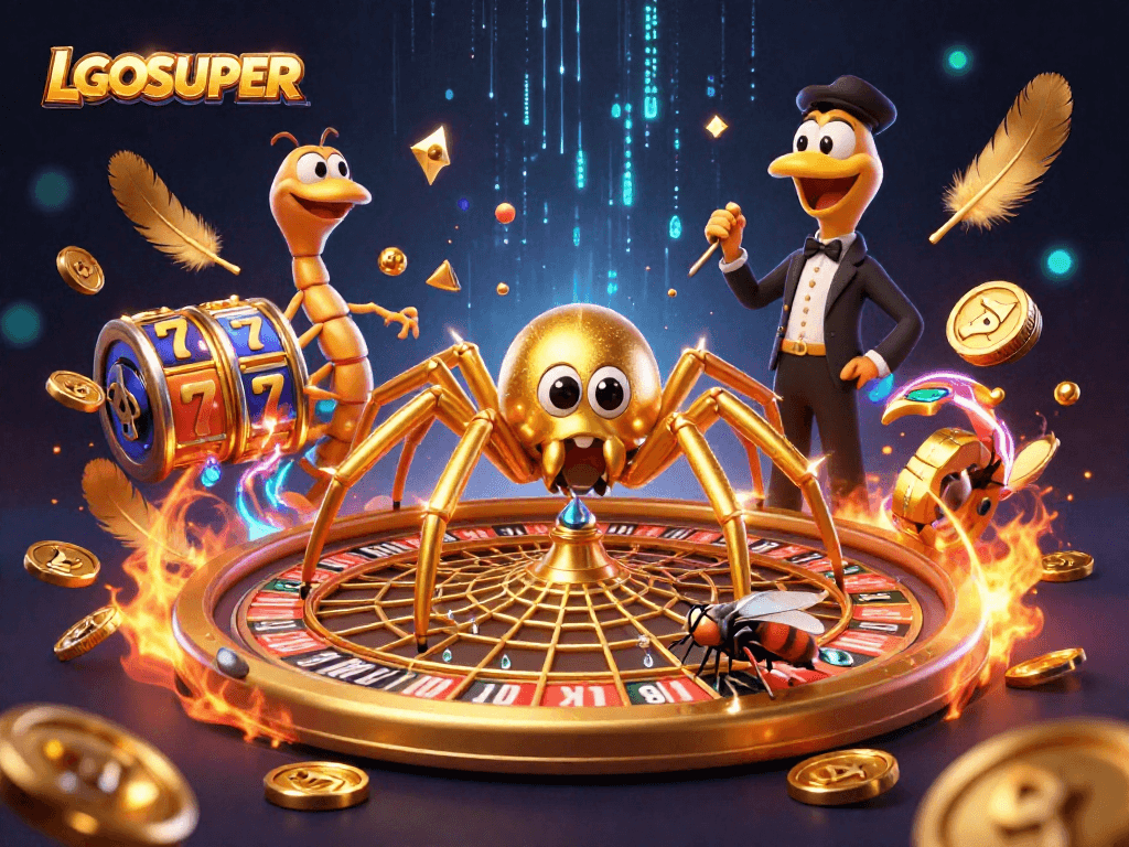 Experience thrilling bets with LGOSUPER in a vibrant casino scene, featuring a golden spider and roulette!