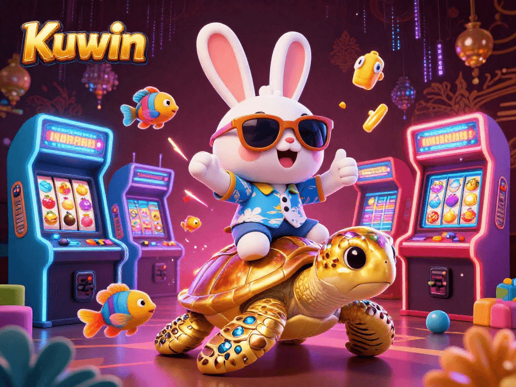 Experience thrilling gaming action at Kuwin with a vibrant rabbit and sea turtle in a casino-styled scene.