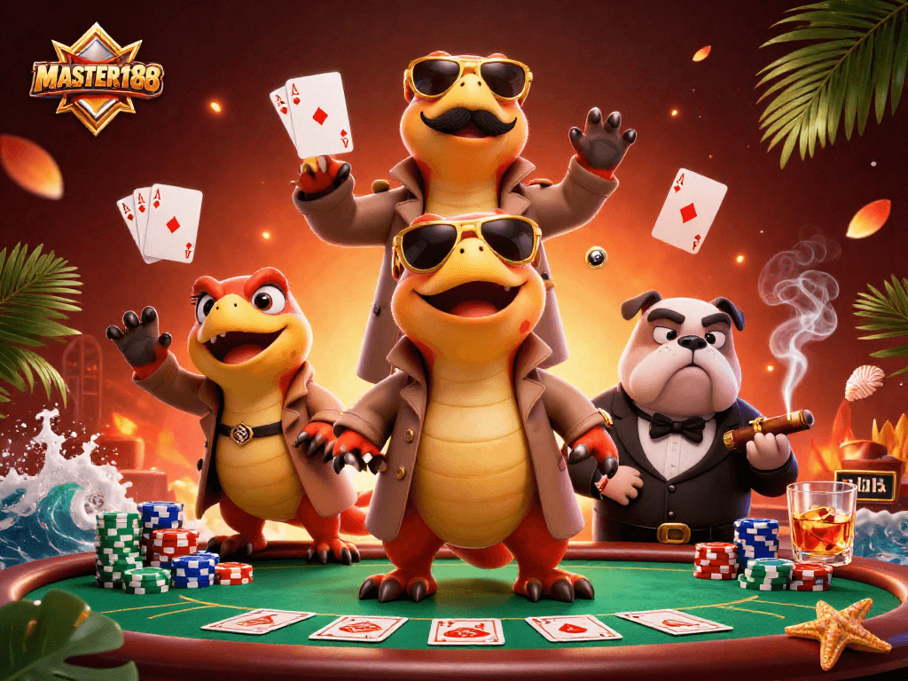 MASTER188 casino scene featuring a trench coat raptor trio attempting VIP access, with poker elements