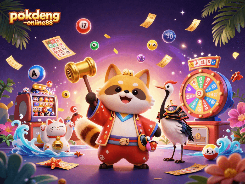 Experience the thrill of gambling with pokdeng-online88 in this vibrant casino illustration featuring lucky symbols.