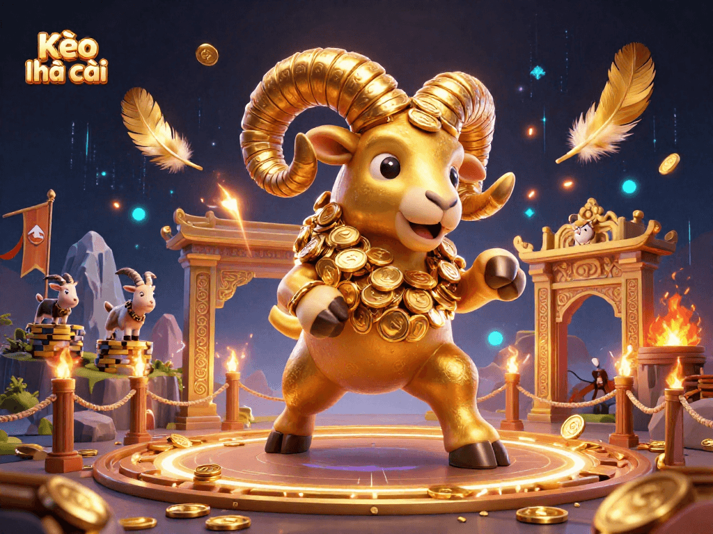Kèo nhà cái showcases a dynamic scene with a golden ram charging through a casino-themed arena filled with coins and energy