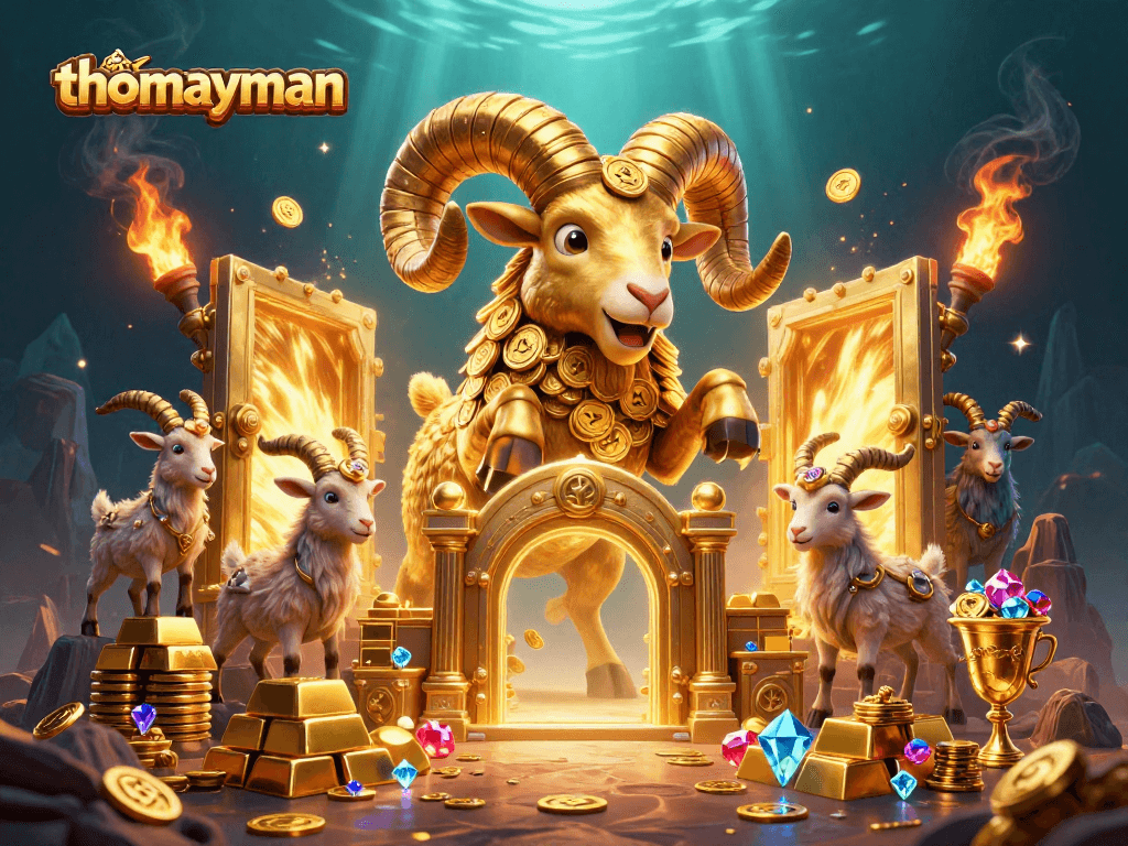 Experience the thrill with thomayman showcasing a powerful golden ram charging through a treasure vault, enriched with gambling elements.