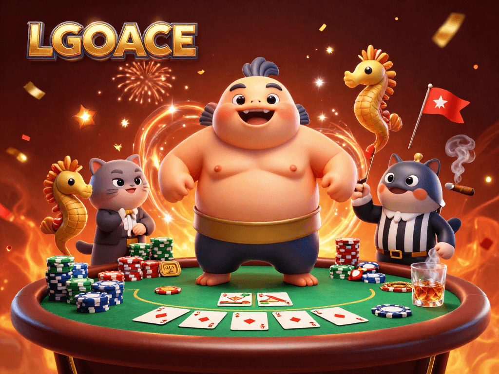 LGOACE casino scene featuring a blowfish in a sumo belt surrounded by poker chips and cards, creating excitement.