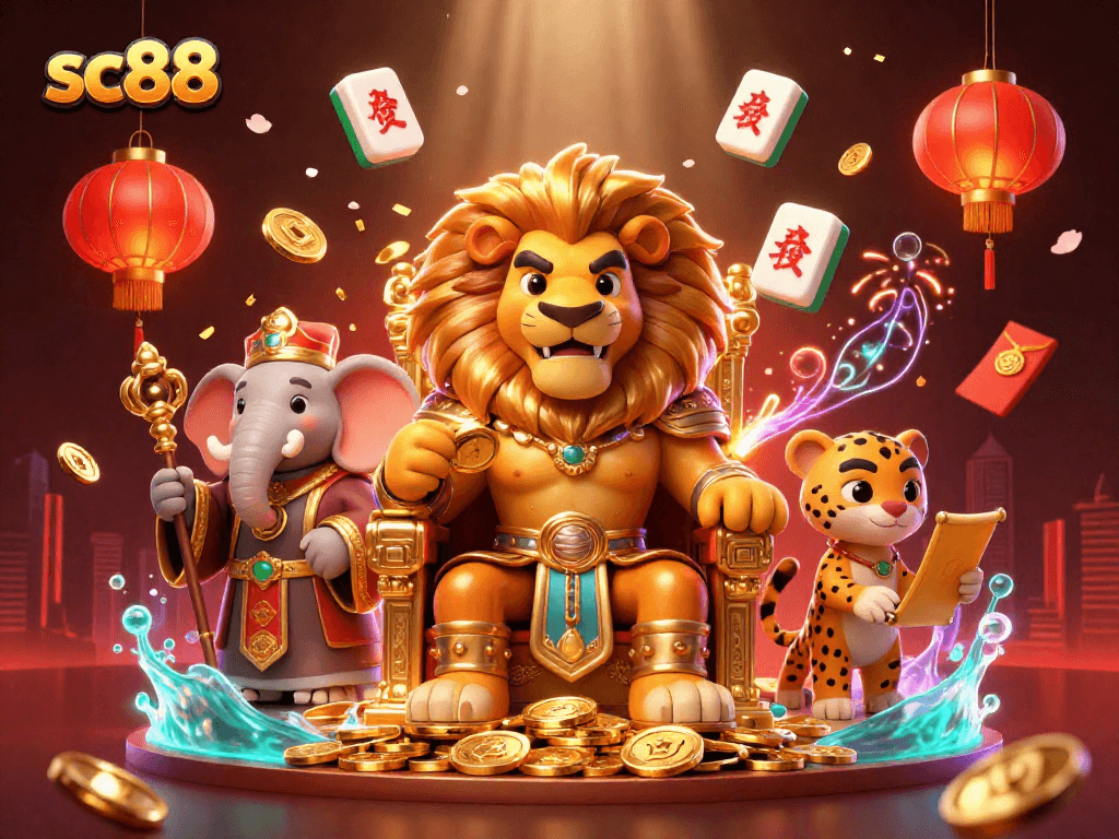Experience the excitement of sc88 with our vibrant casino illustration featuring a lion king, elephant advisor, and cheetah messenger.