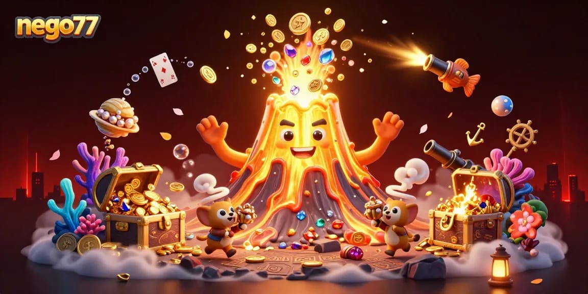 Engage with the thrilling world of nego77, featuring a legendary golden volcano amidst scattered treasures and games.