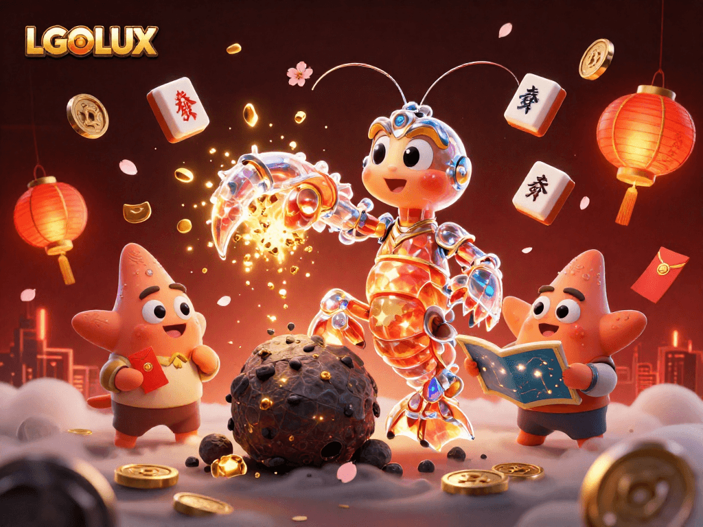 Engage in thrilling galactic wins with LGOLUX as a samurai shrimp bursts gems and coins.