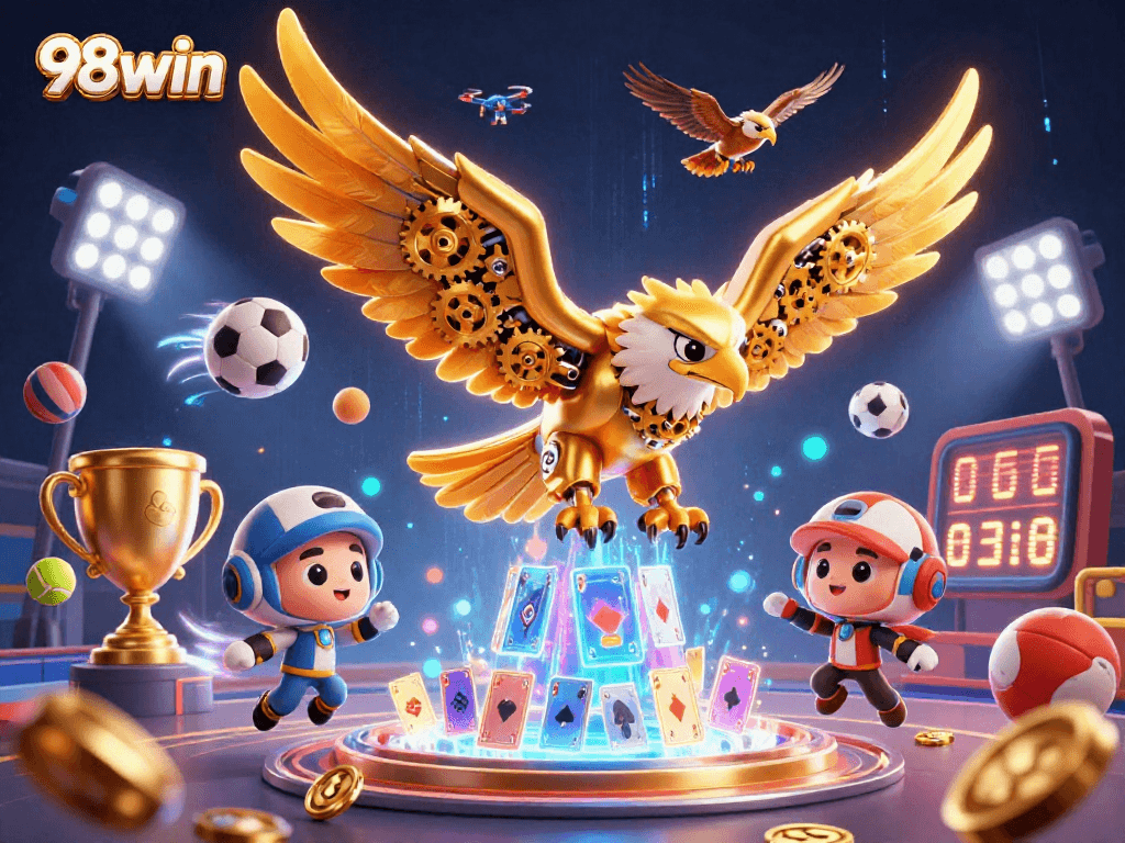 Bet on 98win with a dynamic showdown in a vast casino environment filled with sports excitement.