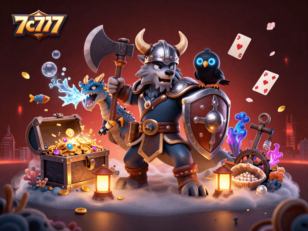 7c777 captures a thrilling casino scene with a Viking wolf, dragon, and treasure elements.