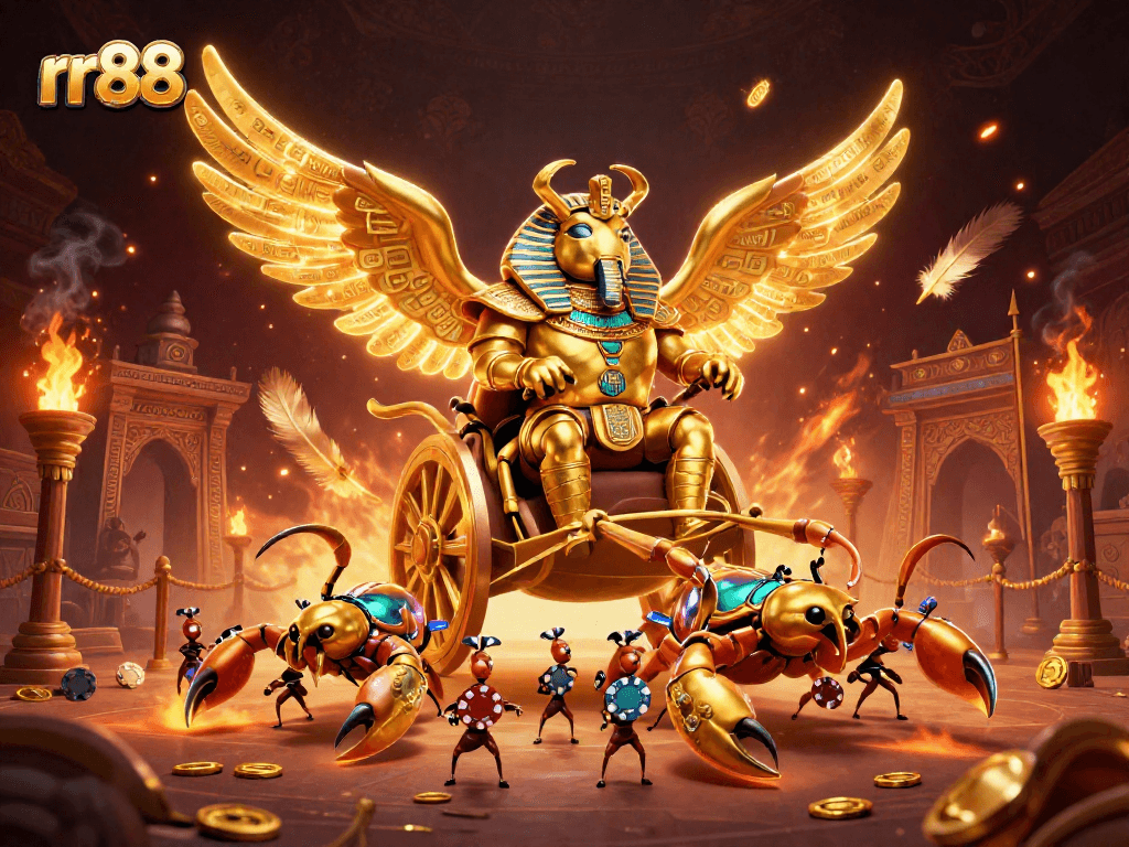 Experience the thrill of rr88 with a spectacular 3D casino scene showcasing a golden scarab and scorpions.