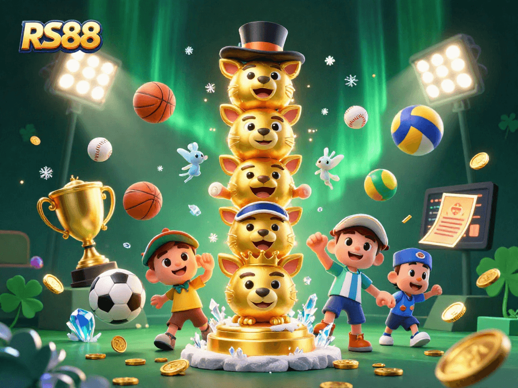 Experience thrilling gaming moments with RS88 in a vibrant 3D casino scene full of action.