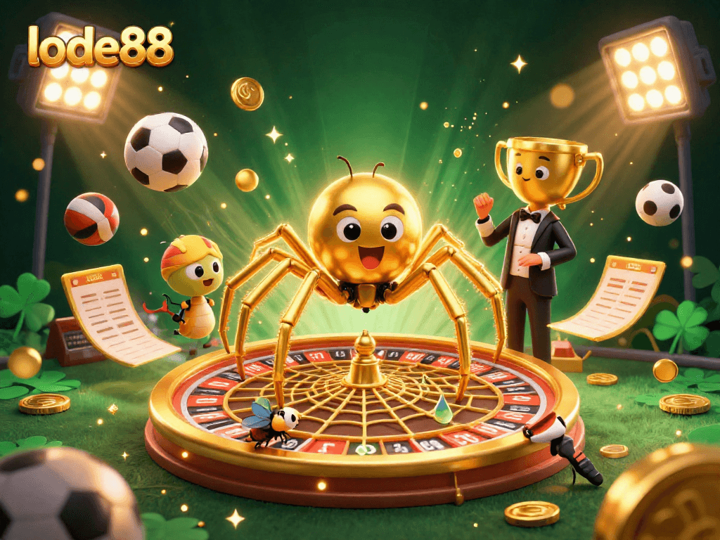 Experience the thrill of betting at lode88 with a golden spider and centipede croupier in a dynamic roulette scene.