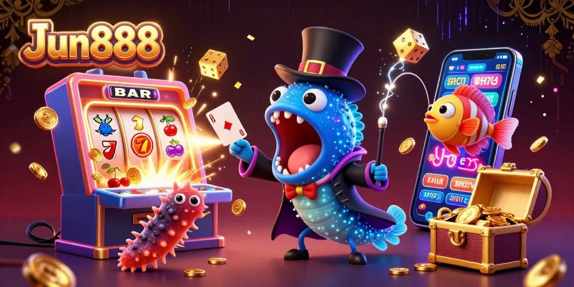 Engage with Jun888's vibrant 3D scene featuring deep-sea characters amidst casino elements, showcasing exciting jackpot thrills.