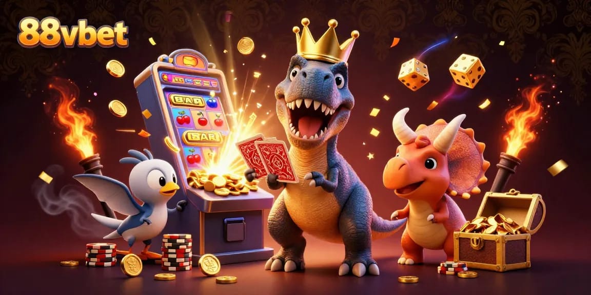 Spin to win with 88vbet as the T-Rex shuffles cards amid a bounty of casino treasures.