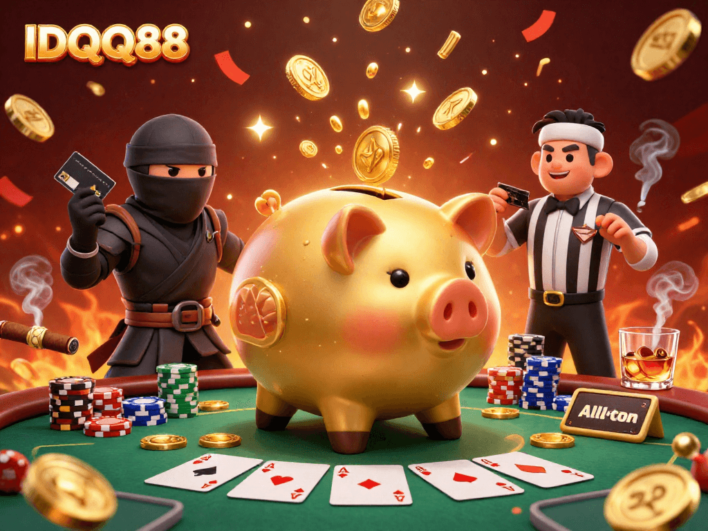 IDQQ88 features a 3D golden piggy bank sumo wrestler at a poker showdown, showcasing vibrant casino elements.