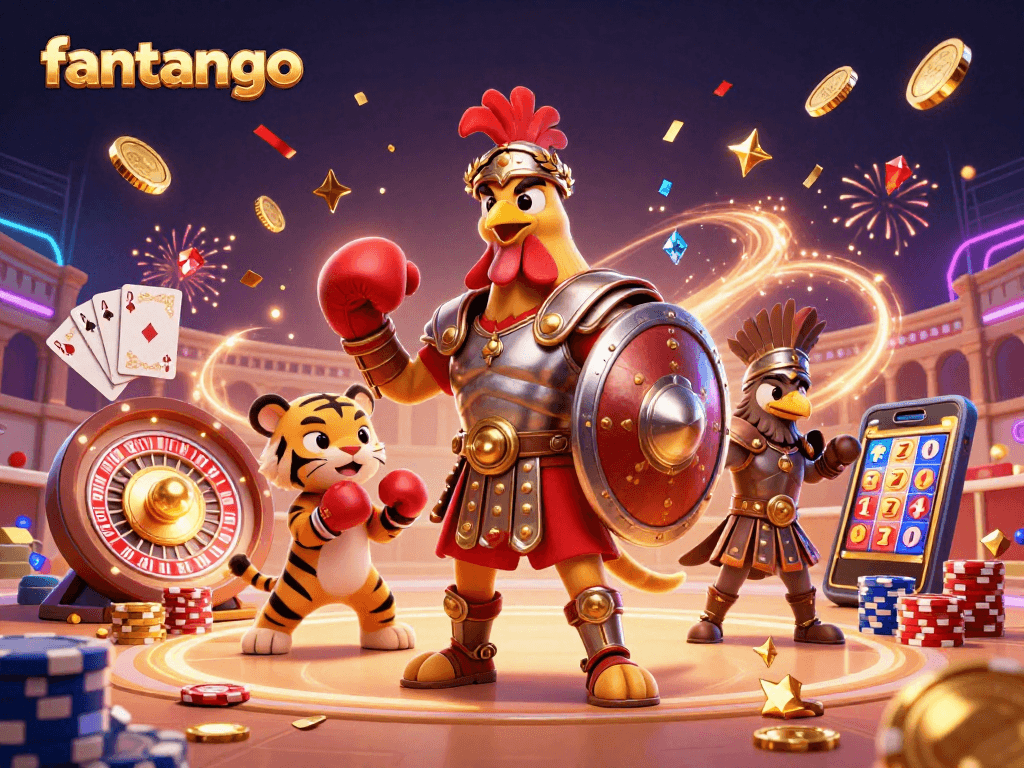 Experience thrilling excitement in fantango with a dynamic scene of a gladiator rooster, sparring tiger cub, and festive casino elements.
