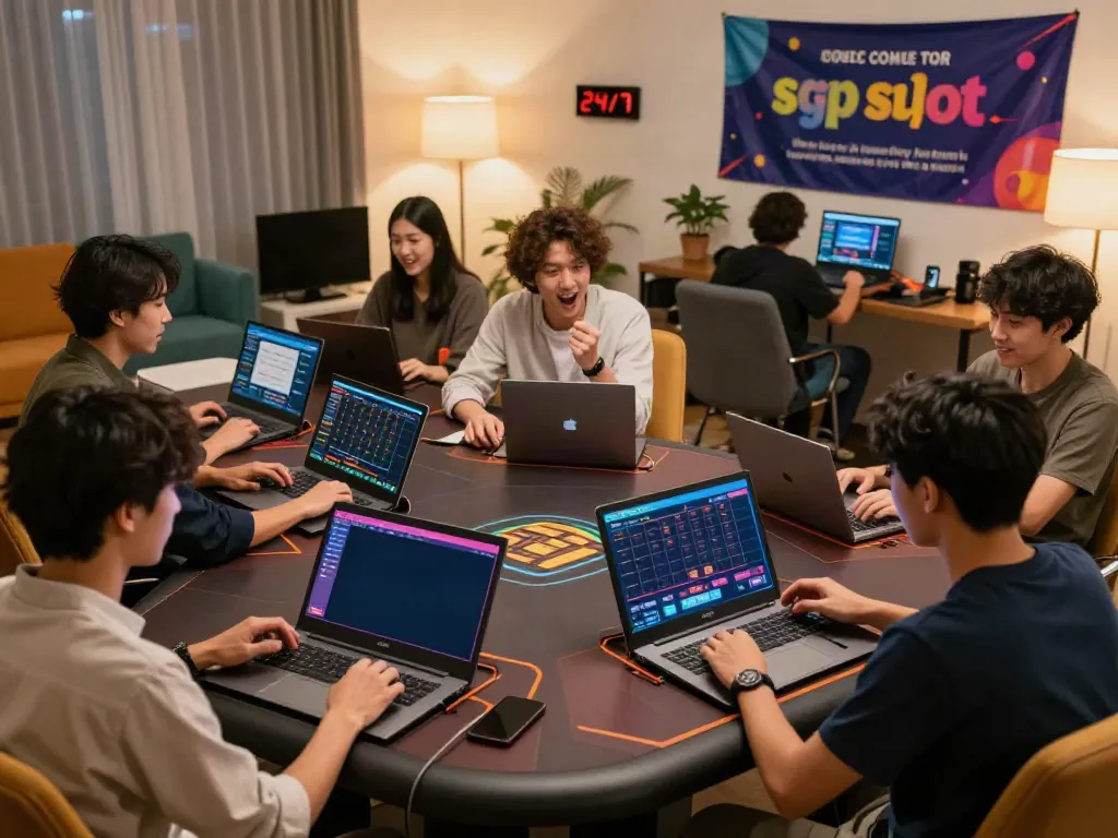 Engaged players exploring sgp slot options in a stylish online gambling setup.