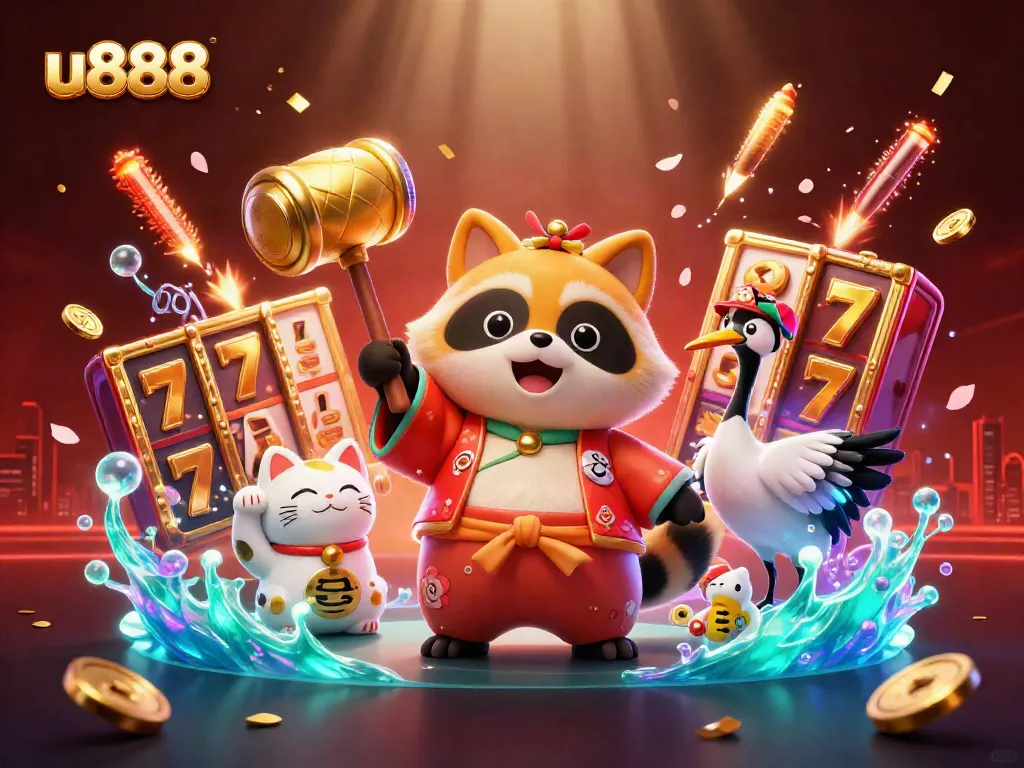 Engage in thrilling gameplay at u888 with vibrant characters in a festive casino scene.
