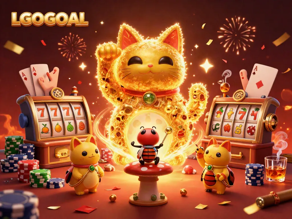 Engage with LGOGOAL's vibrant 3D gaming illustration showcasing a lucky cat and casino elements in action.