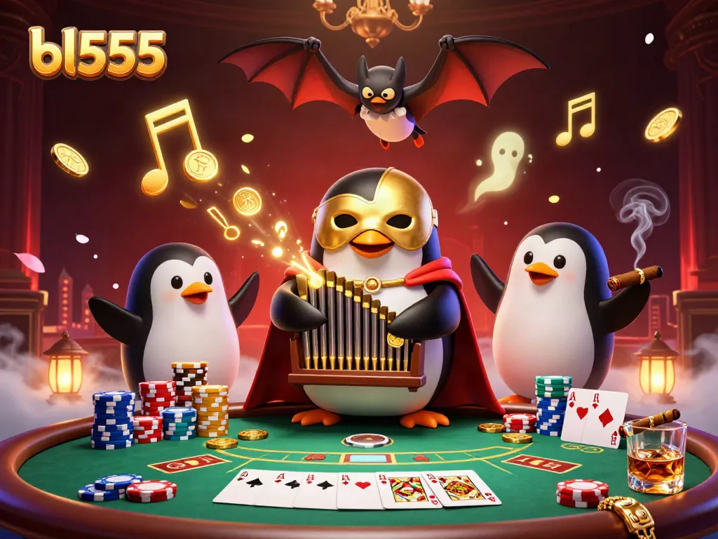 Experience the thrill of bl555 casino with a 3D cartoon penguin playing the organ, coins flying around.