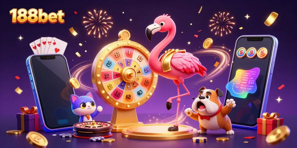 Engaging scene of the 188bet game show with characters celebrating wins and showcasing vibrant casino elements.