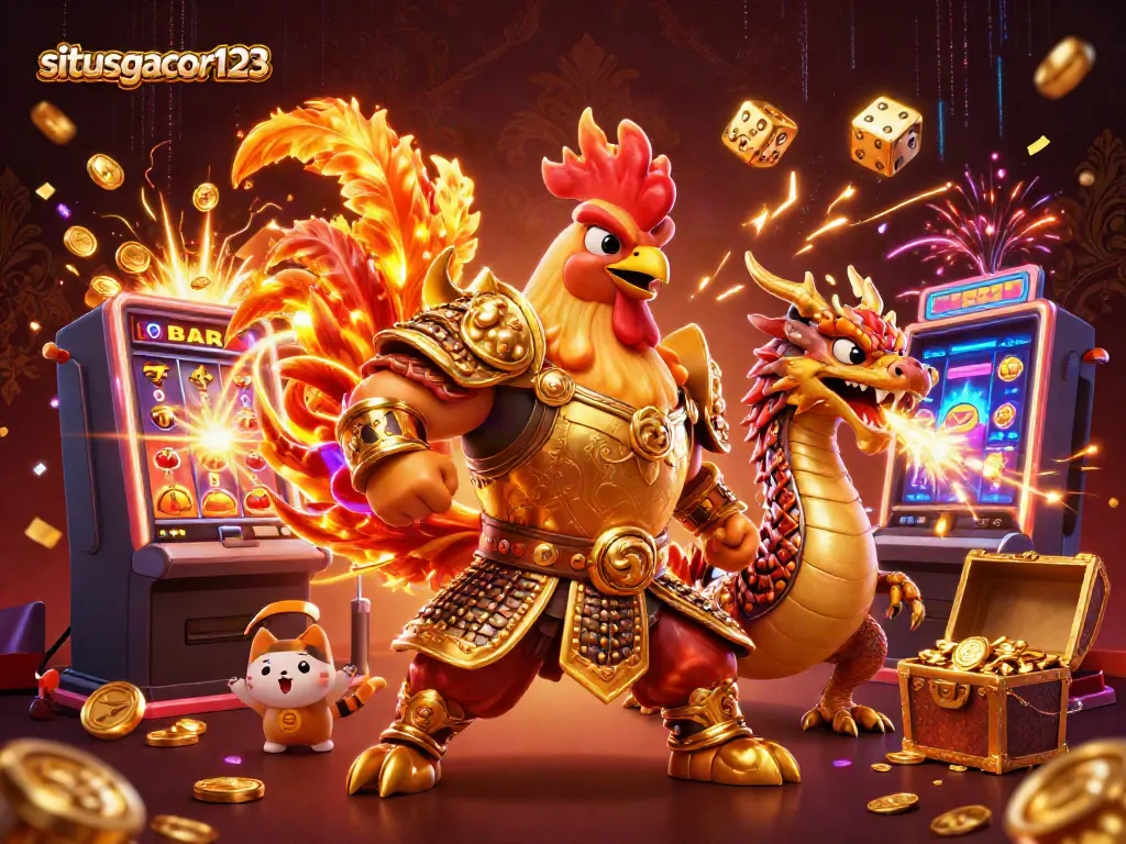 Experience thrilling moments with situsgacor123 as a rooster warrior and dragon hatchling celebrate a jackpot victory.